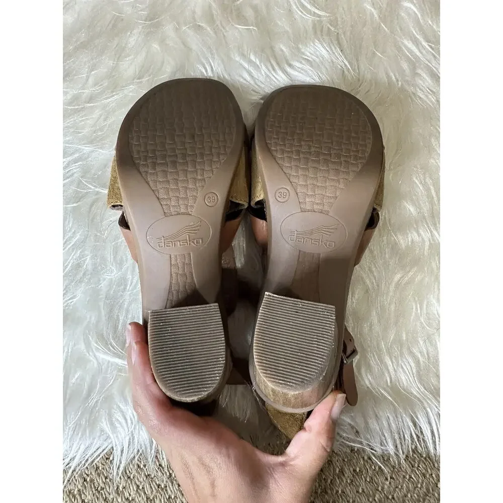 Dansko Dominique Heeled Cork Leather T Strap Sandals Women's Size EU39 Boho